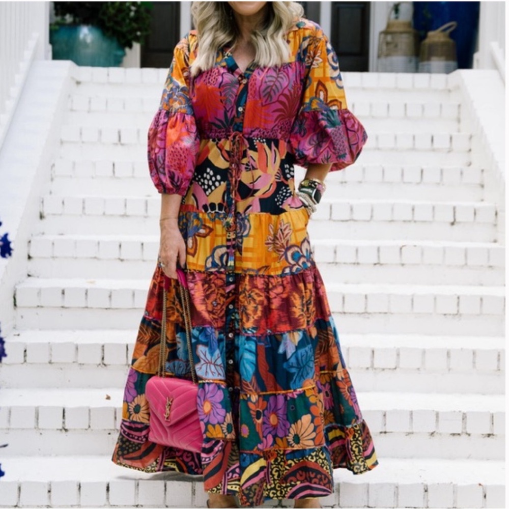 Farm Rio / Anthropologie Long Sleeve Button Front V-Neck Maxi Dress - Picture 4 of 8